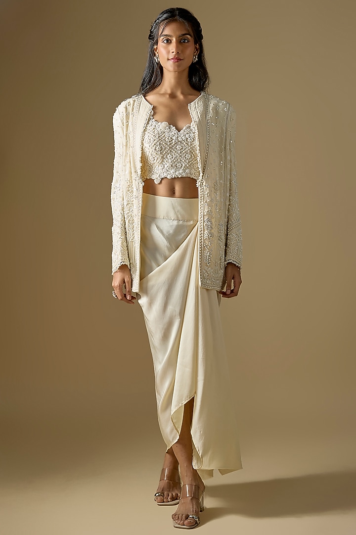 Ivory Georgette Draped Skirt Set by Ridhi Mehra at Pernia's Pop Up Shop