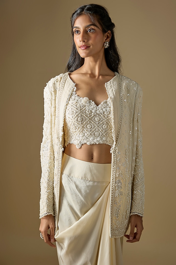 Ivory Georgette Draped Skirt Set by Ridhi Mehra at Pernia's Pop Up Shop