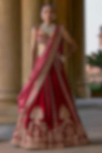 Red Raw Silk Embroidered Bridal Lehenga Set by Ridhi Mehra at Pernia's Pop Up Shop
