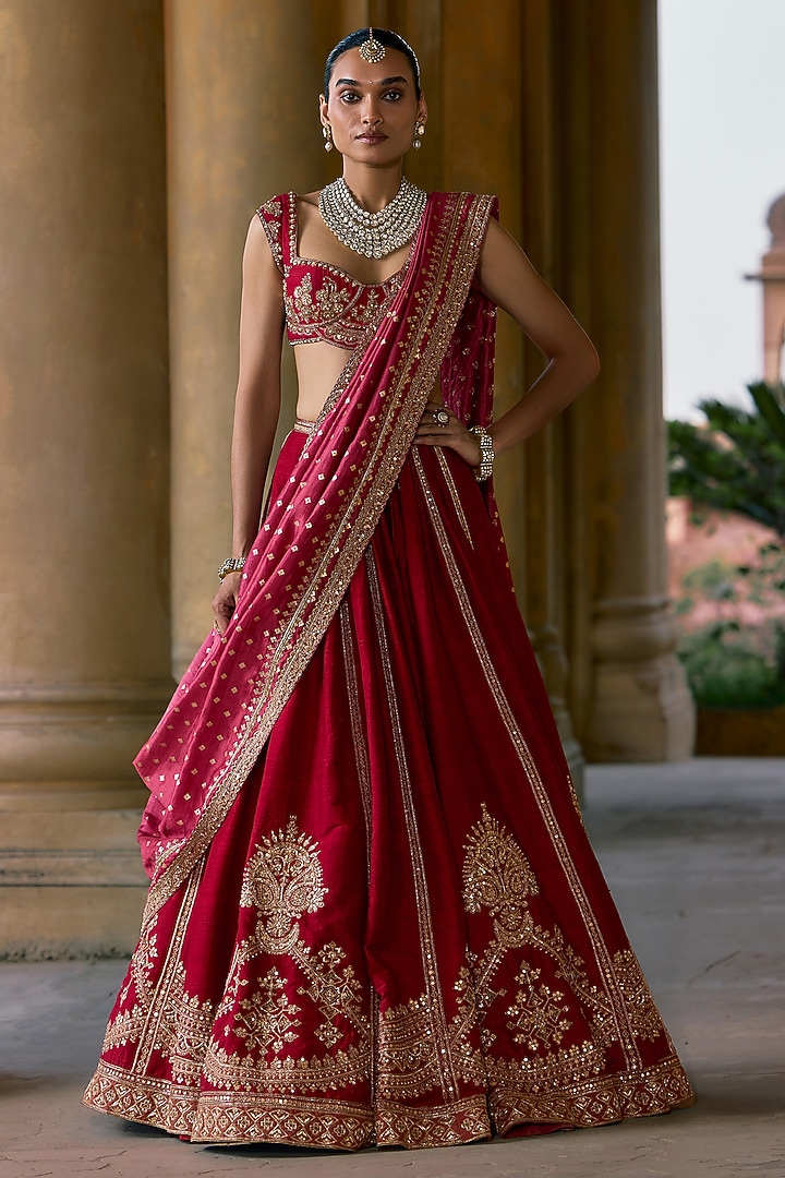 Red Raw Silk Embroidered Bridal Lehenga Set by Ridhi Mehra at Pernia's Pop Up Shop