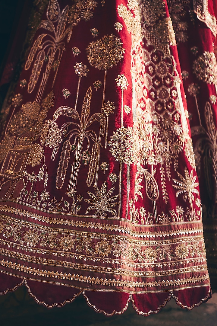 Red Raw Silk Embroidered Bridal Lehenga Set by Ridhi Mehra at Pernia's Pop Up Shop