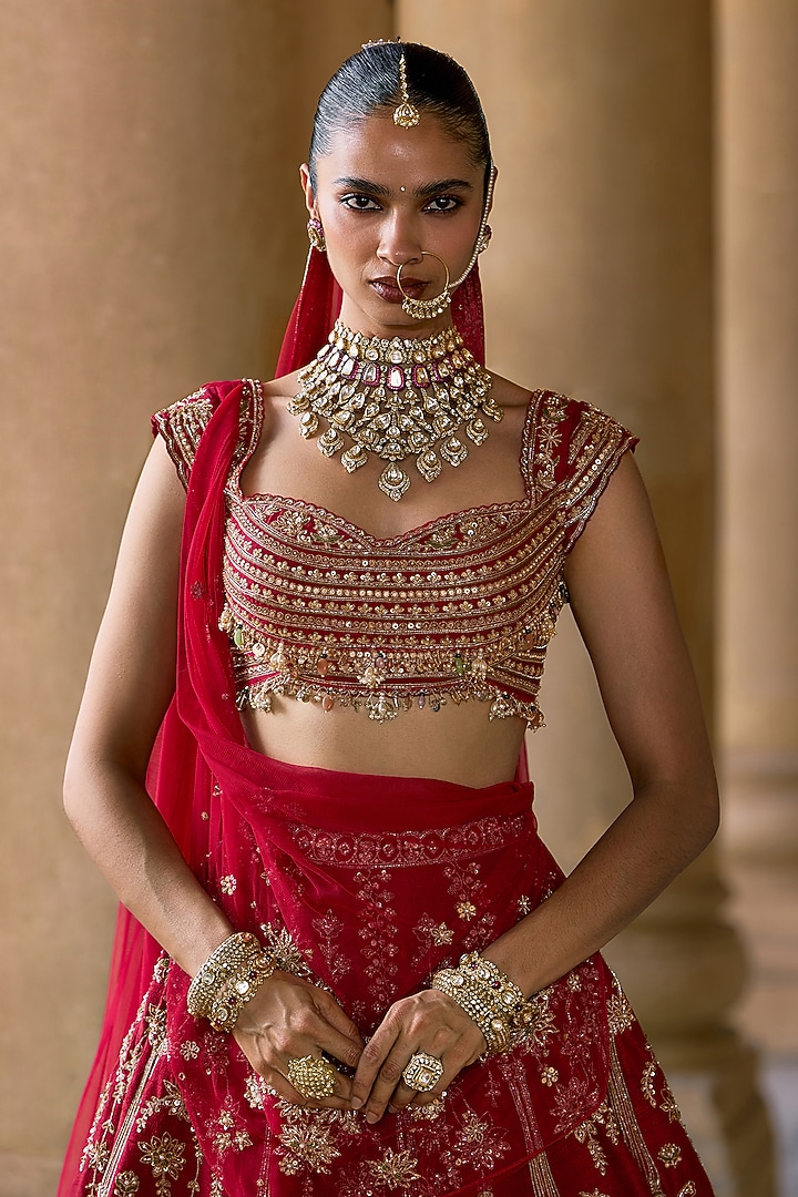 Red Raw Silk Embroidered Bridal Lehenga Set by Ridhi Mehra at Pernia's Pop Up Shop