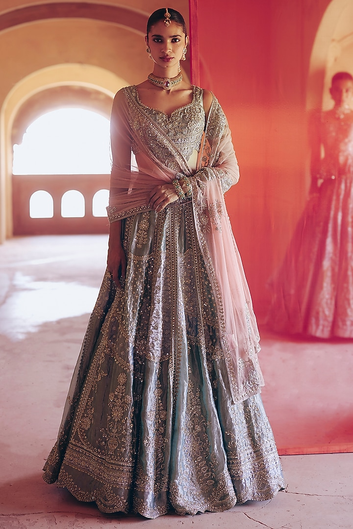 Ice-Gold Tissue Embroidered Bridal Lehenga Set by Ridhi Mehra at Pernia's Pop Up Shop