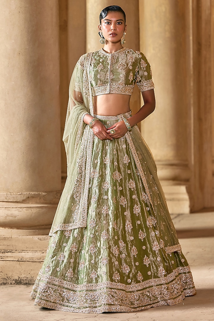 Mint-Gold Tissue Embroidered Bridal Lehenga Set by Ridhi Mehra at Pernia's Pop Up Shop
