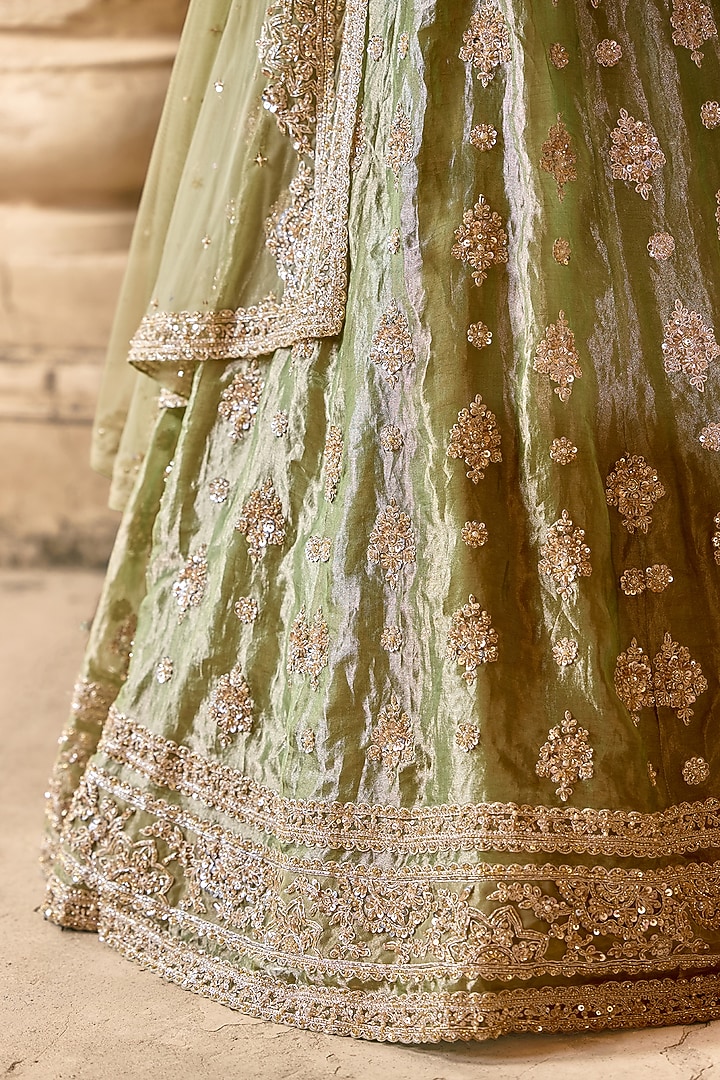 Mint-Gold Tissue Embroidered Bridal Lehenga Set by Ridhi Mehra at Pernia's Pop Up Shop