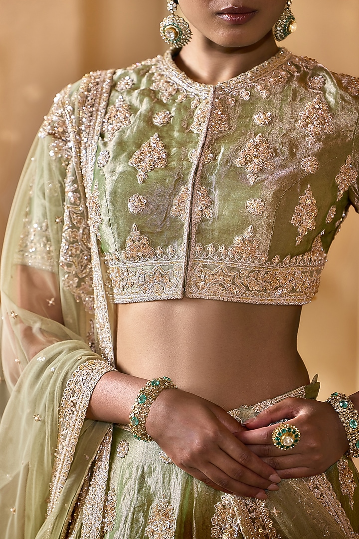 Mint-Gold Tissue Embroidered Bridal Lehenga Set by Ridhi Mehra at Pernia's Pop Up Shop