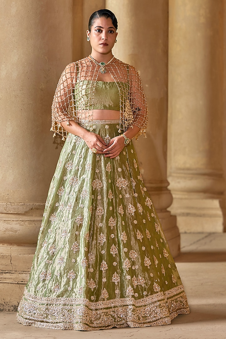 Mint-Gold Tissue Embroidered Bridal Lehenga Set by Ridhi Mehra at Pernia's Pop Up Shop