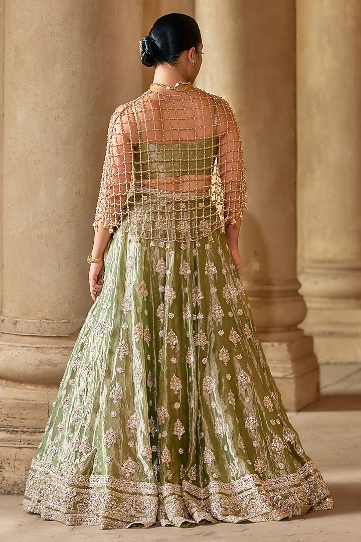 Mint-Gold Tissue Embroidered Bridal Lehenga Set by Ridhi Mehra at Pernia's Pop Up Shop