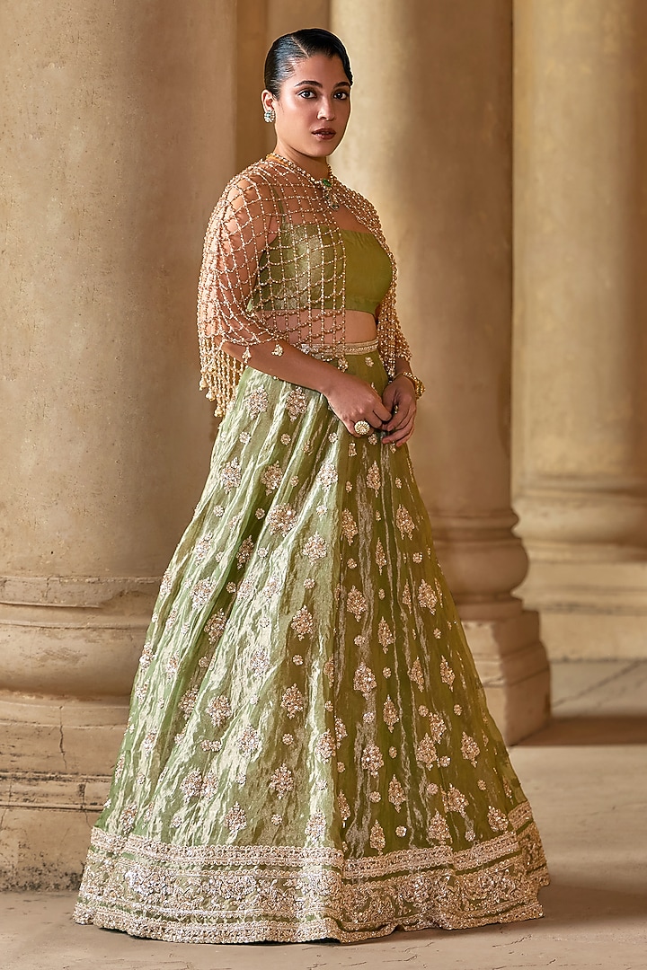 Mint-Gold Tissue Embroidered Bridal Lehenga Set by Ridhi Mehra at Pernia's Pop Up Shop