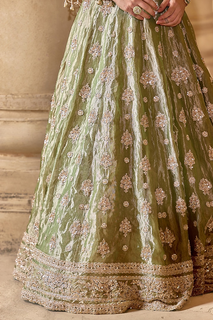 Mint-Gold Tissue Embroidered Bridal Lehenga Set by Ridhi Mehra at Pernia's Pop Up Shop