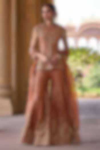 Orange-Gold Tissue Embroidered Bridal Sharara Set by Ridhi Mehra at Pernia's Pop Up Shop