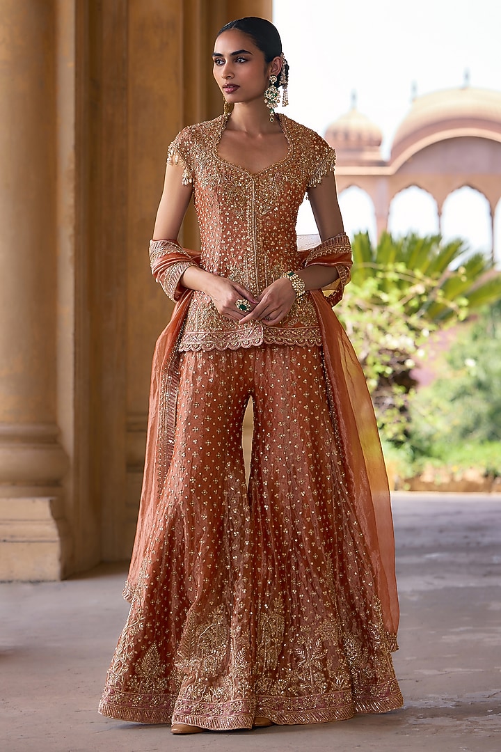 Orange-Gold Tissue Embroidered Bridal Sharara Set by Ridhi Mehra at Pernia's Pop Up Shop
