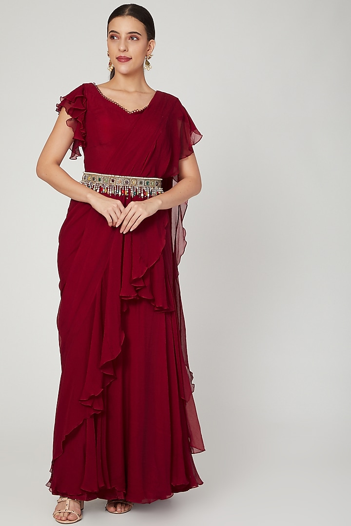 Red Embroidered Saree Gown Set With Belt by Ridhi Mehra