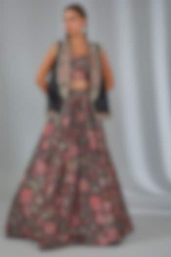 Black Raw Silk Printed Jacket Wedding Lehenga Set by Ridhi Mehra at Pernia's Pop Up Shop