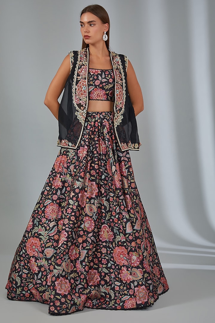 Black Raw Silk Printed Jacket Wedding Lehenga Set by Ridhi Mehra at Pernia's Pop Up Shop