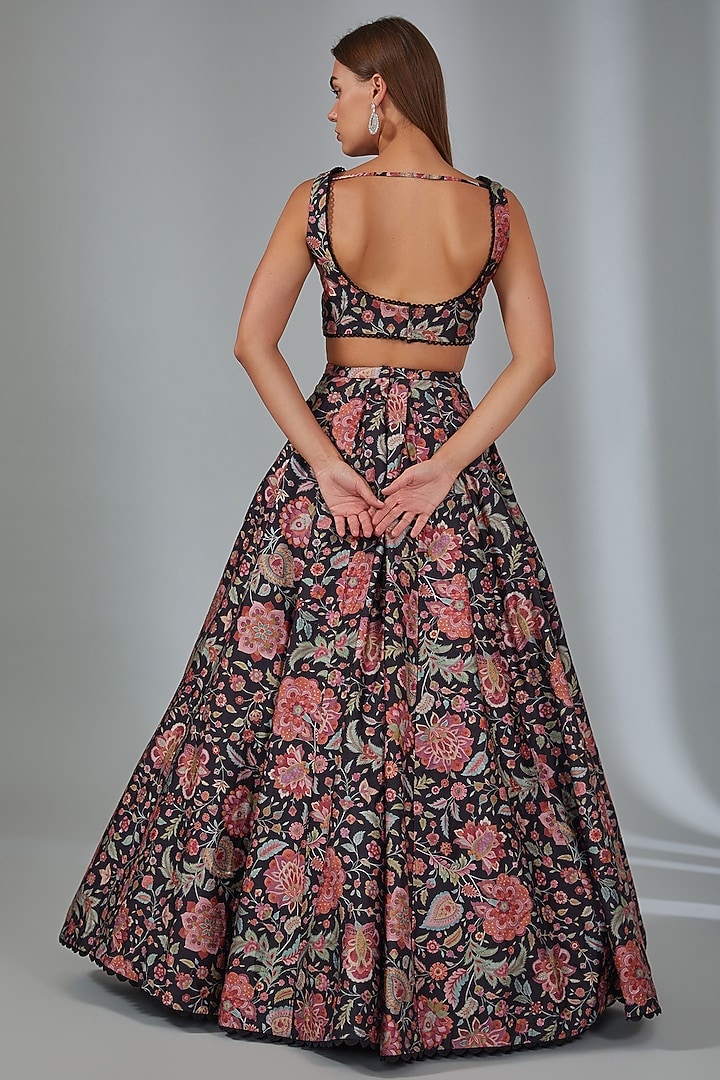 Black Raw Silk Printed Jacket Wedding Lehenga Set by Ridhi Mehra at Pernia's Pop Up Shop