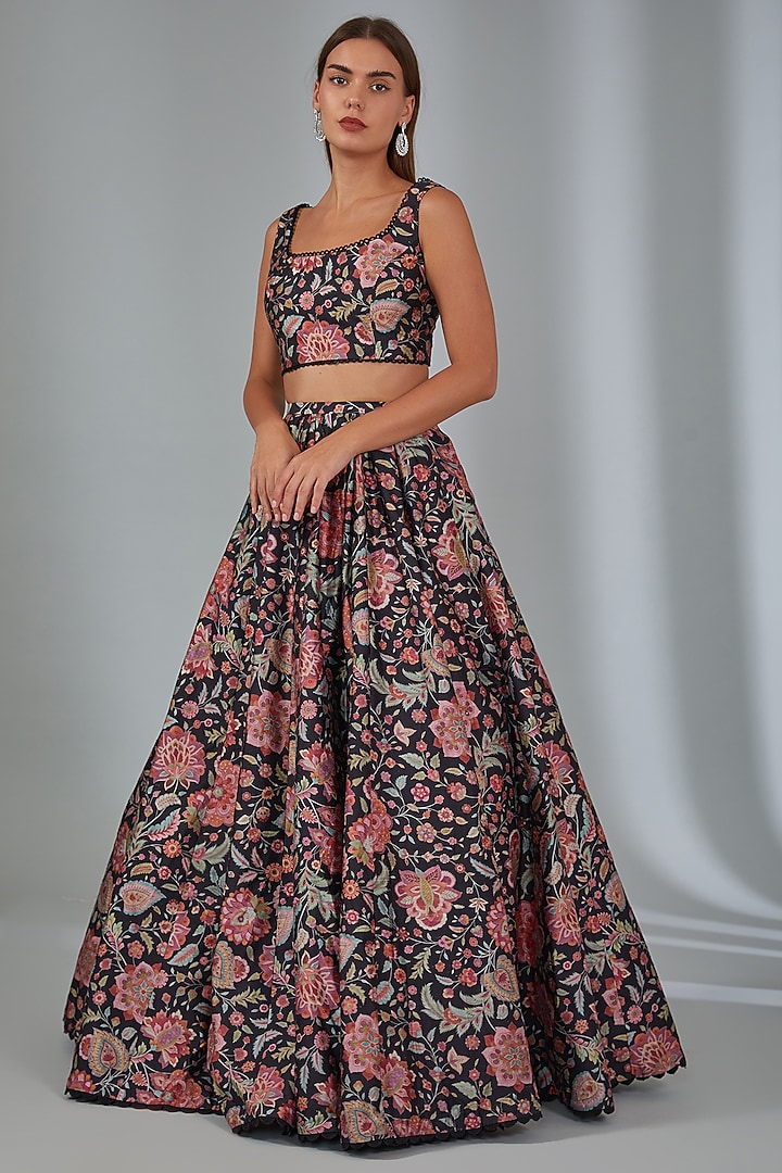 Black Raw Silk Printed Jacket Wedding Lehenga Set by Ridhi Mehra at Pernia's Pop Up Shop