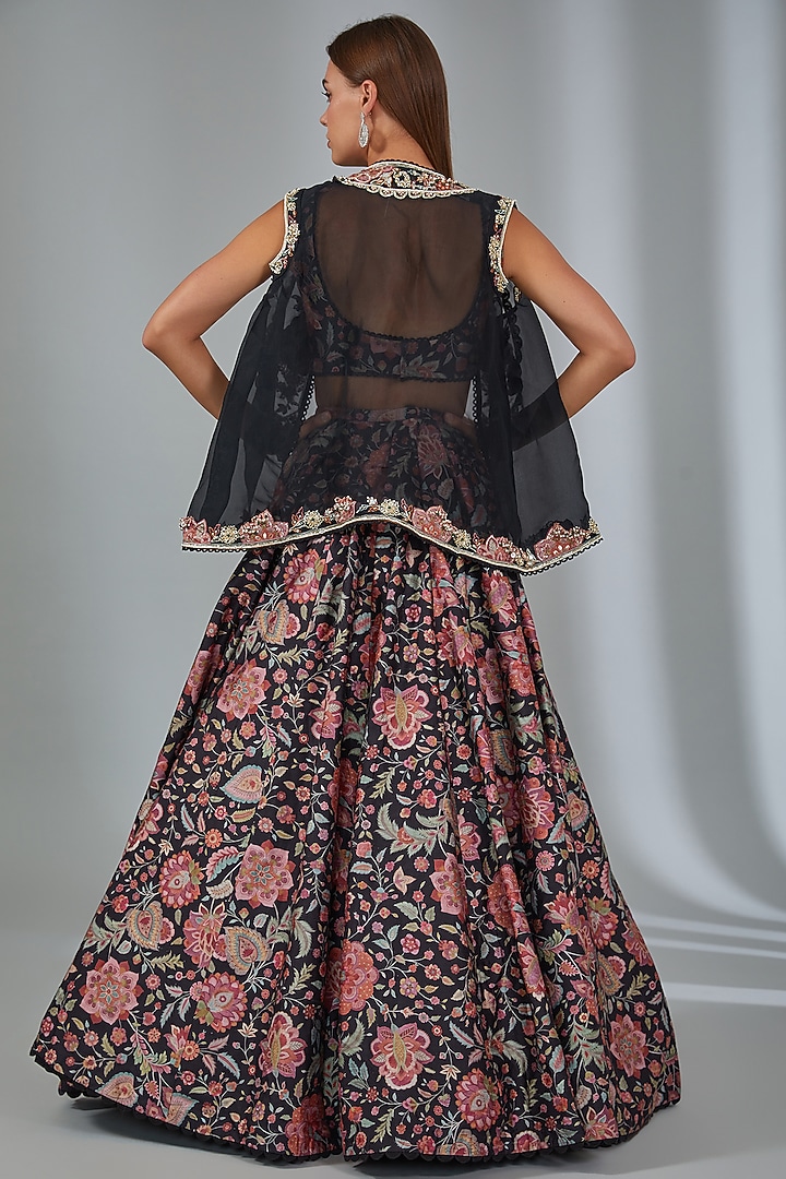 Black Raw Silk Printed Jacket Wedding Lehenga Set by Ridhi Mehra at Pernia's Pop Up Shop