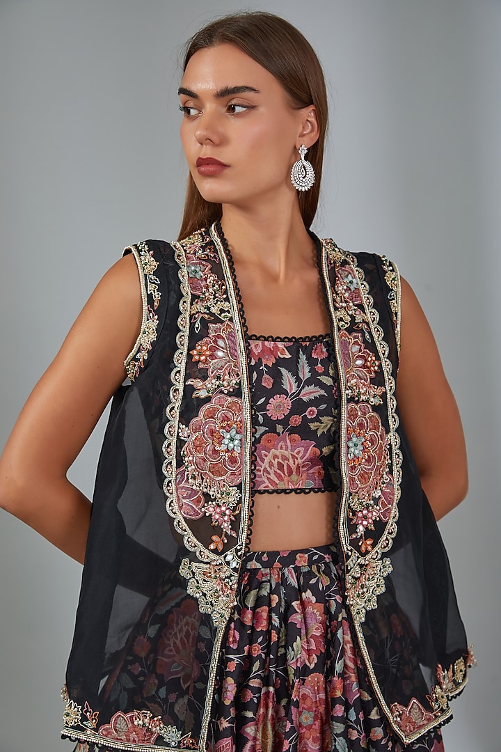 Black Raw Silk Printed Jacket Wedding Lehenga Set by Ridhi Mehra at Pernia's Pop Up Shop