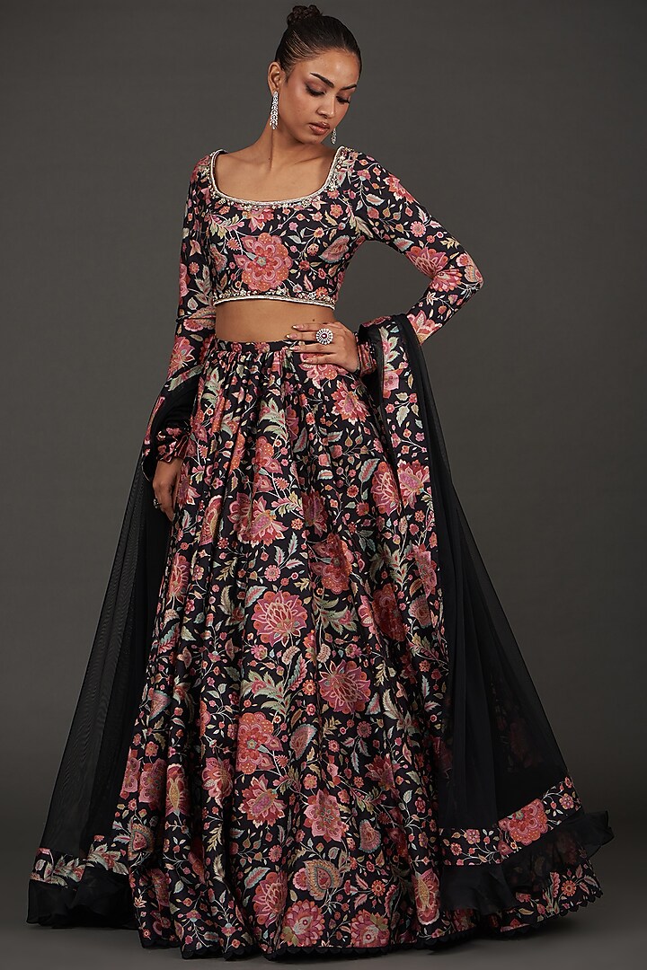 Black Raw Silk Printed Wedding Lehenga Set by Ridhi Mehra at Pernia's Pop Up Shop