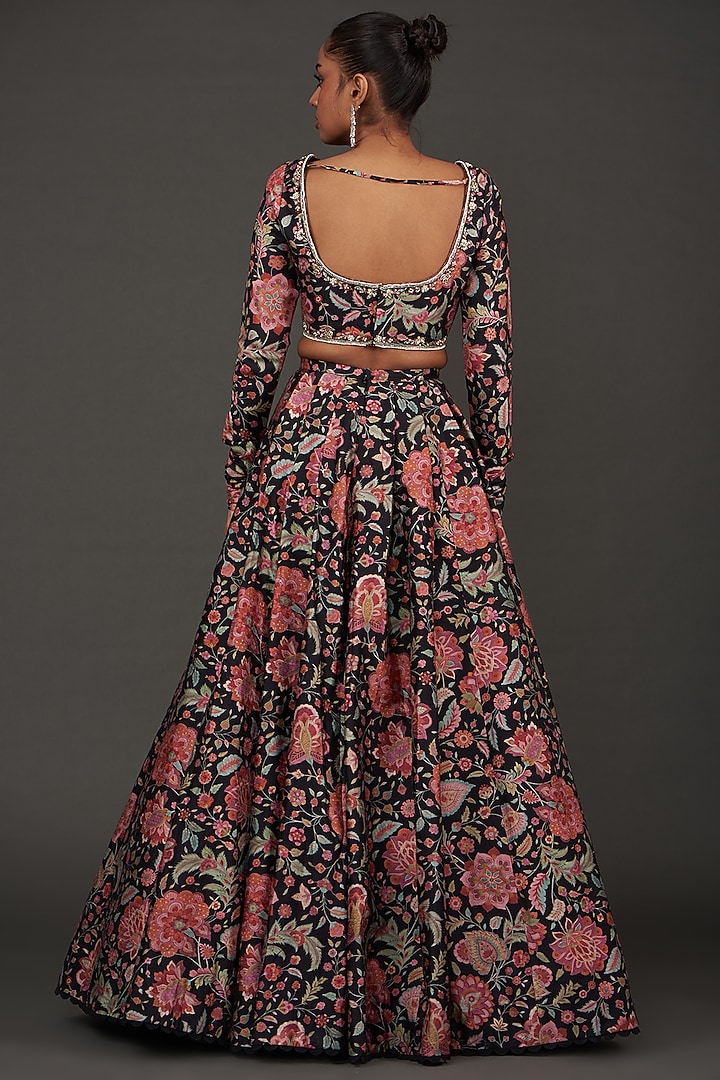Black Raw Silk Printed Wedding Lehenga Set by Ridhi Mehra at Pernia's Pop Up Shop