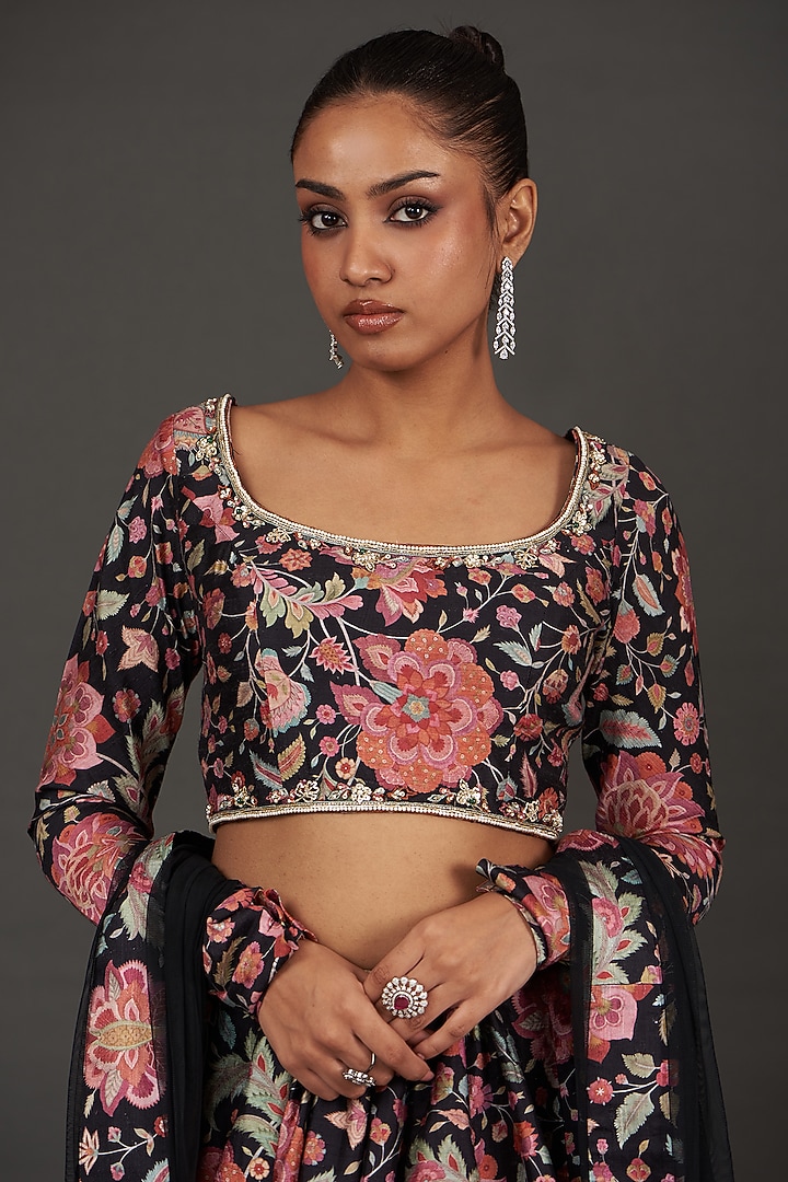 Black Raw Silk Printed Wedding Lehenga Set by Ridhi Mehra at Pernia's Pop Up Shop
