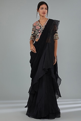 Black Chiffon & Organza Draped Ruffle Saree Set by Ridhi Mehra