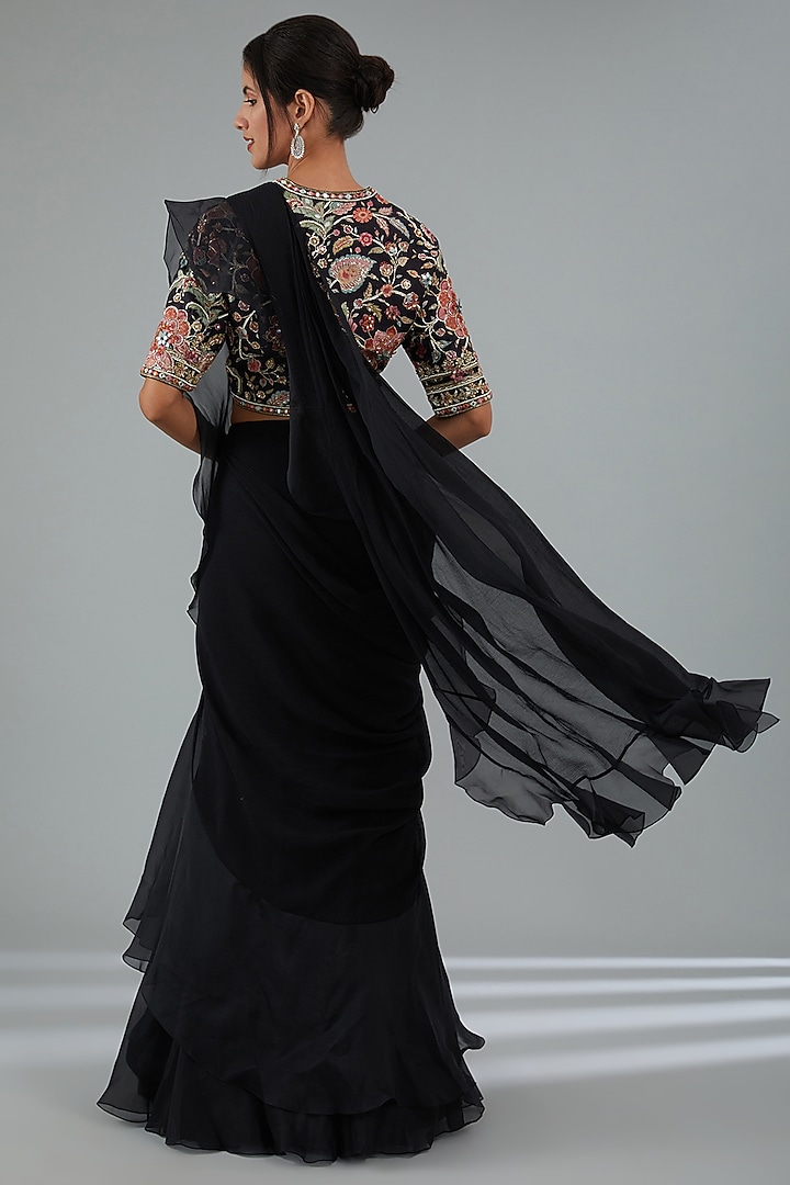 Black Chiffon & Organza Draped Ruffle Reception Saree Set by Ridhi Mehra at Pernia's Pop Up Shop