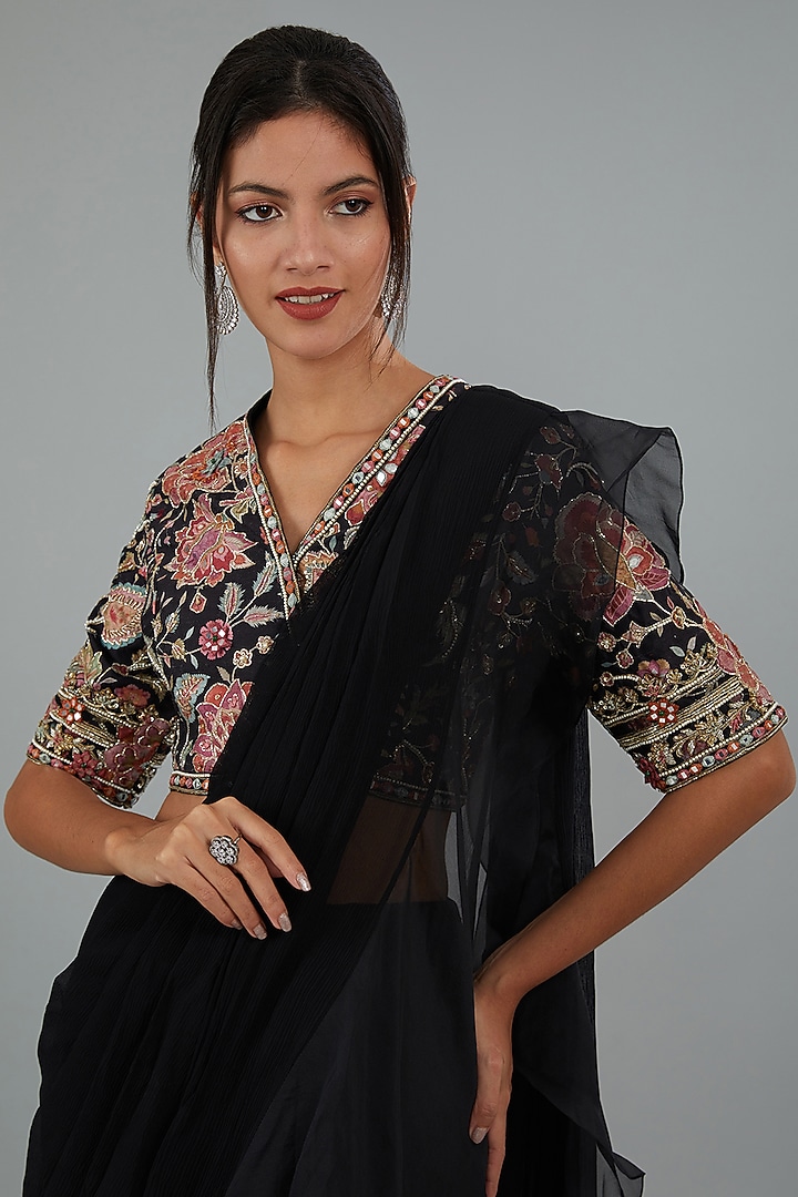 Black Chiffon & Organza Draped Ruffle Reception Saree Set by Ridhi Mehra at Pernia's Pop Up Shop
