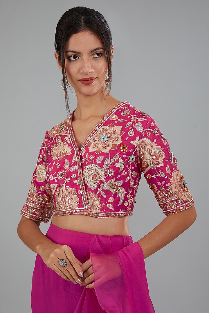 Royal Fuchsia Chiffon & Organza Draped Ruffle Reception Saree Set by Ridhi Mehra at Pernia's Pop Up Shop