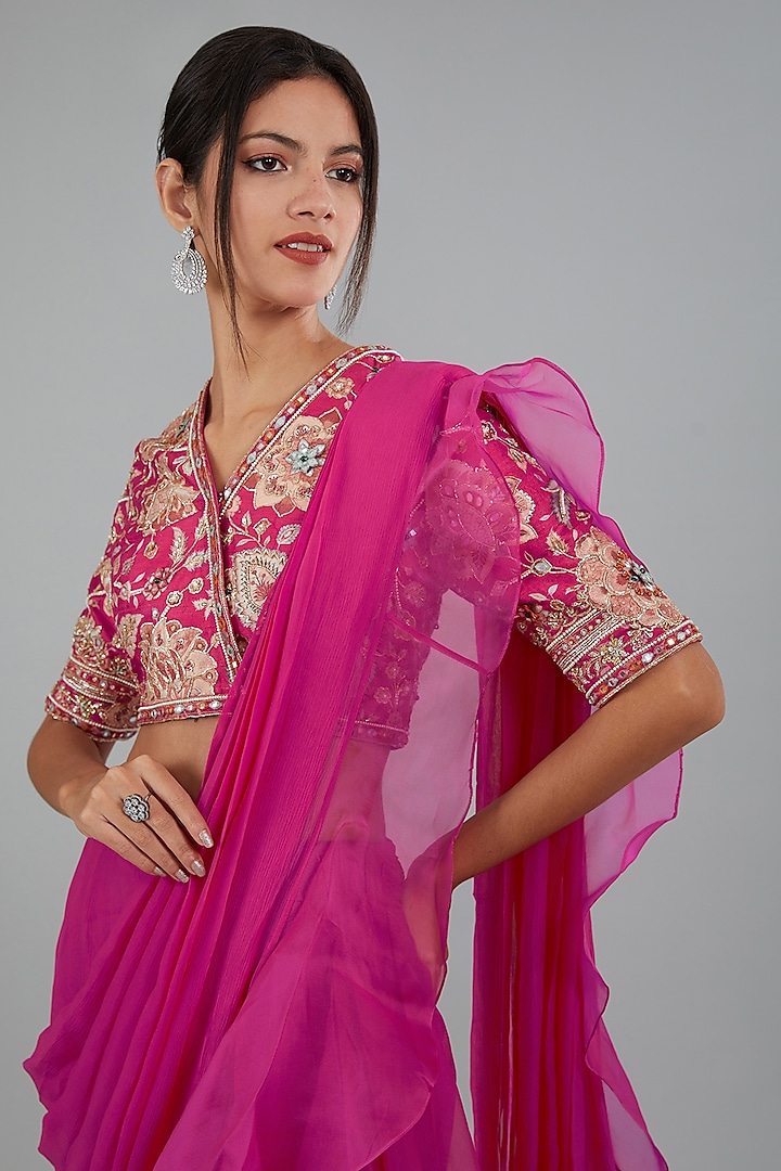 Pink Sequin Organza Ruffle Saree