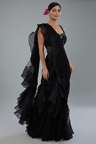 Black Chiffon & Organza Draped Saree Set by Ridhi Mehra