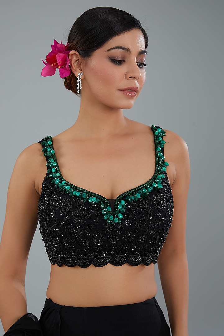 Black Chiffon & Organza Draped Reception Saree Set by Ridhi Mehra at Pernia's Pop Up Shop