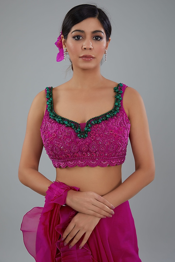 Red Chiffon & Organza Draped Reception Saree Set by Ridhi Mehra at Pernia's Pop Up Shop