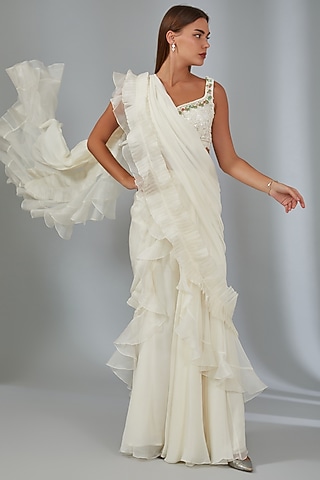 Ivory Chiffon & Organza Draped Saree Set by Ridhi Mehra