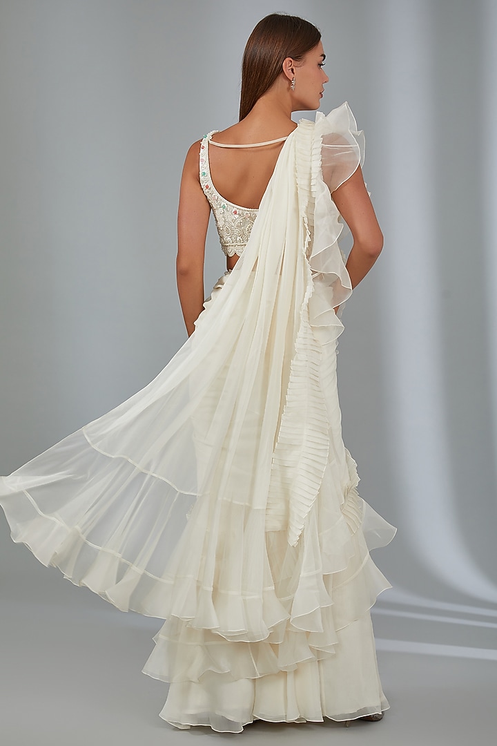 Ivory Chiffon & Organza Draped Reception Saree Set by Ridhi Mehra at Pernia's Pop Up Shop