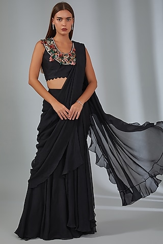 Black Chiffon & Organza Draped Saree Set by Ridhi Mehra