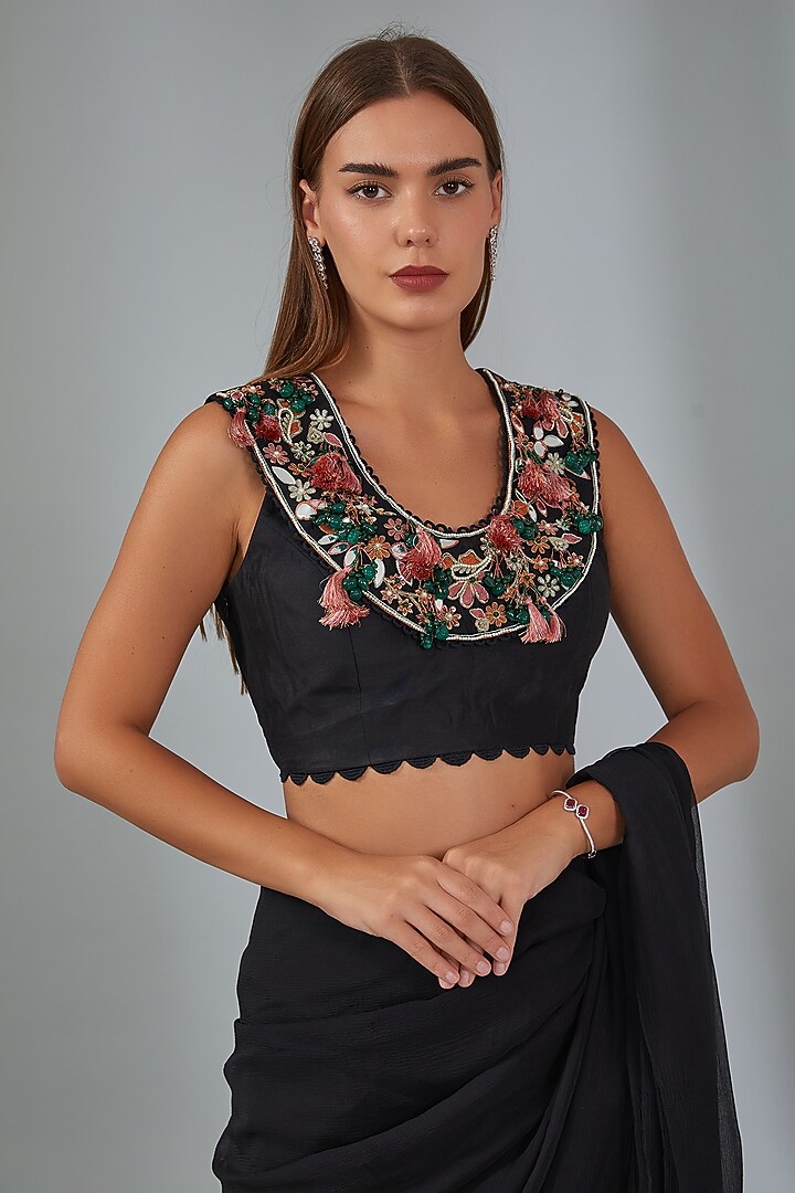 Black Chiffon & Organza Draped Reception Saree Set by Ridhi Mehra at Pernia's Pop Up Shop