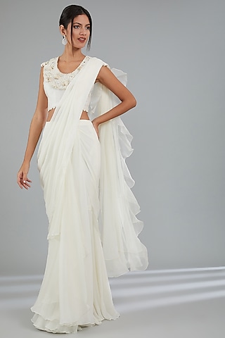 Ivory Chiffon & Organza Draped Saree Set by Ridhi Mehra