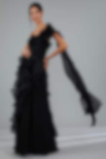 Black Chiffon & Organza Ruffled Gown Saree by Ridhi Mehra