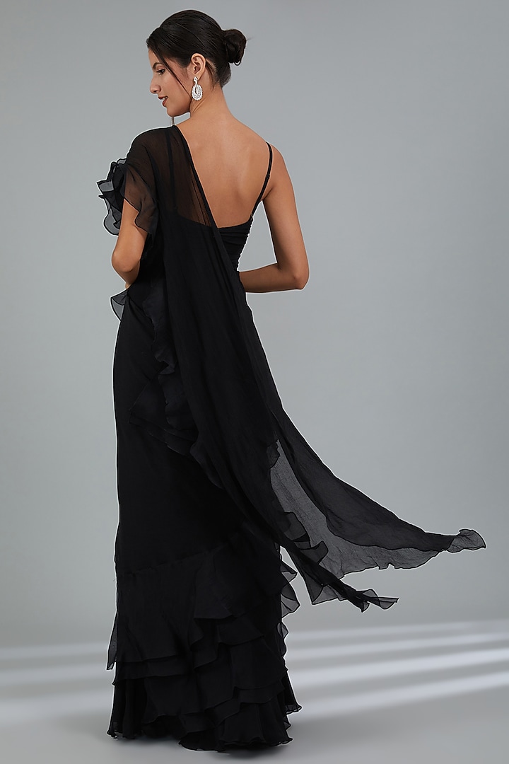 Black Chiffon & Organza Ruffled Reception Gown Saree by Ridhi Mehra at Pernia's Pop Up Shop