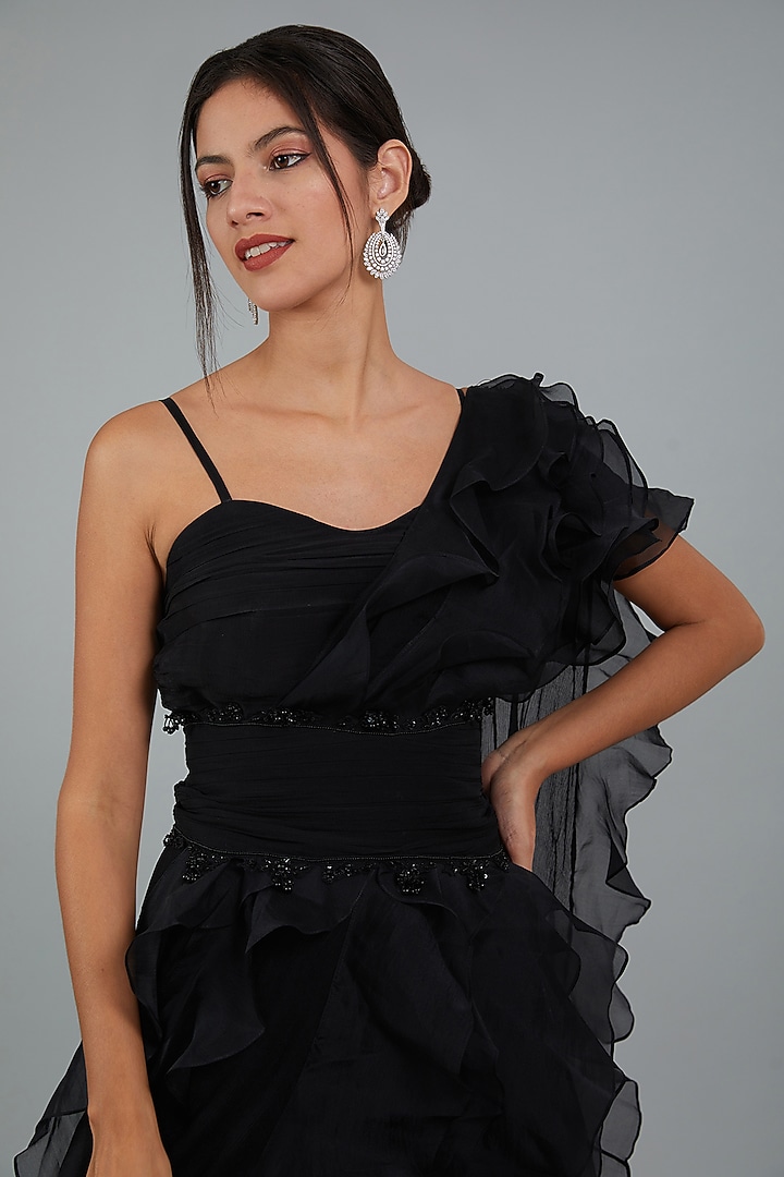 Black Chiffon & Organza Ruffled Reception Gown Saree by Ridhi Mehra at Pernia's Pop Up Shop
