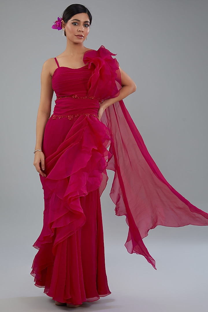 Red Chiffon & Organza Reception Gown Saree by Ridhi Mehra at Pernia's Pop Up Shop