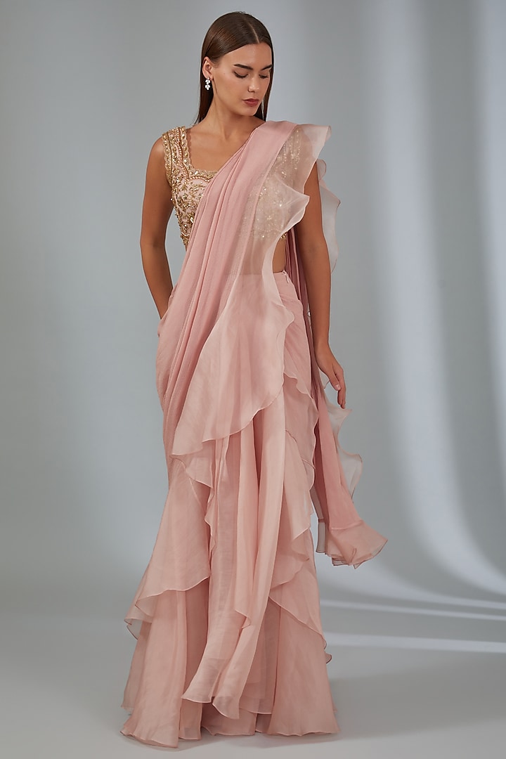 Pink Chiffon & Organza Draped Saree Set by Ridhi Mehra