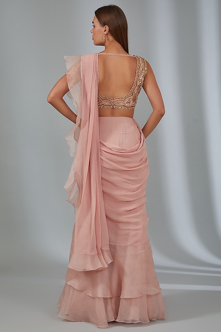 Pink Chiffon & Organza Draped Reception Saree Set by Ridhi Mehra at Pernia's Pop Up Shop
