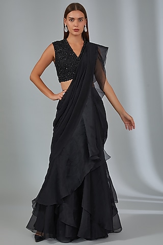 Black Chiffon & Organza Ruffled Saree Set by Ridhi Mehra