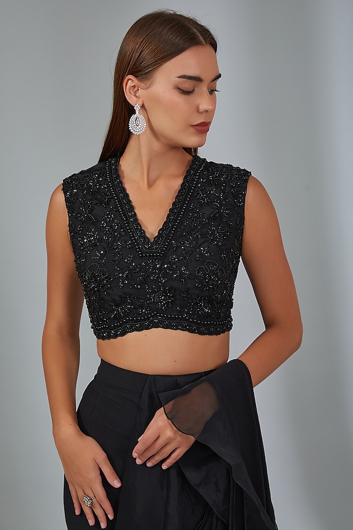 Black Chiffon & Organza Ruffled Reception Saree Set by Ridhi Mehra at Pernia's Pop Up Shop