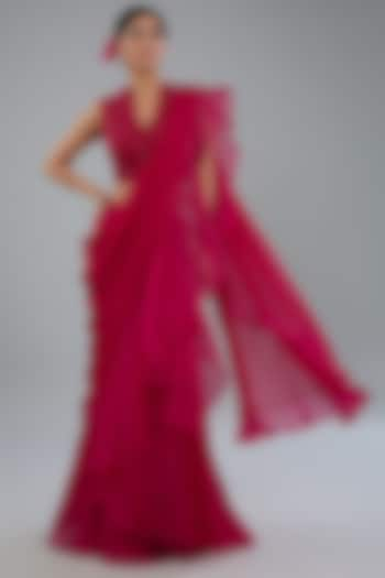 Red Chiffon & Organza Ruffled Saree Set by Ridhi Mehra at Pernia's Pop Up Shop