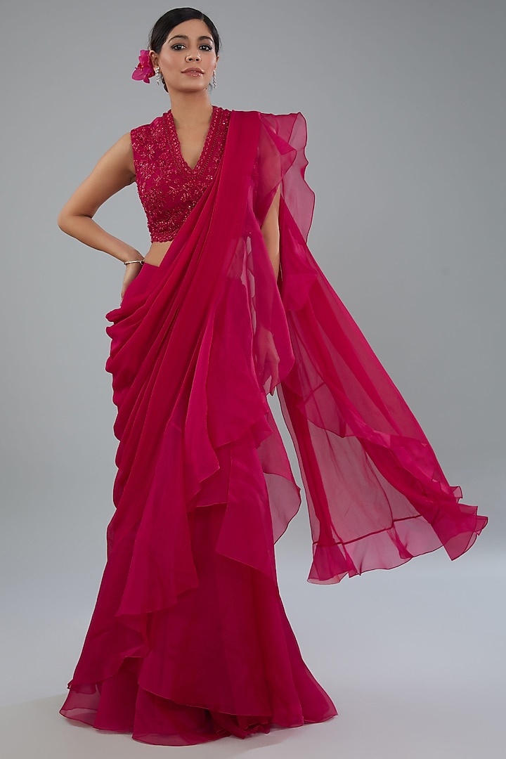 Red Chiffon & Organza Ruffled Saree Set by Ridhi Mehra at Pernia's Pop Up Shop