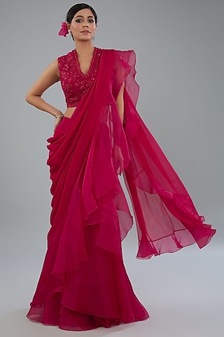 Red Chiffon & Organza Ruffled Saree Set by Ridhi Mehra